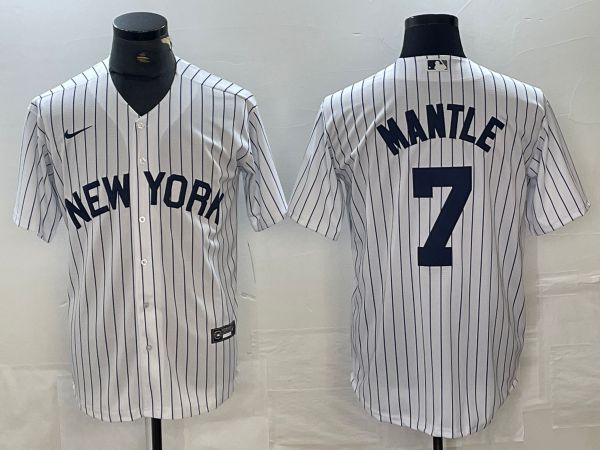 Men New York Yankees 7 Mantle White Stripe Game Nike 2024 MLB Jersey style 1